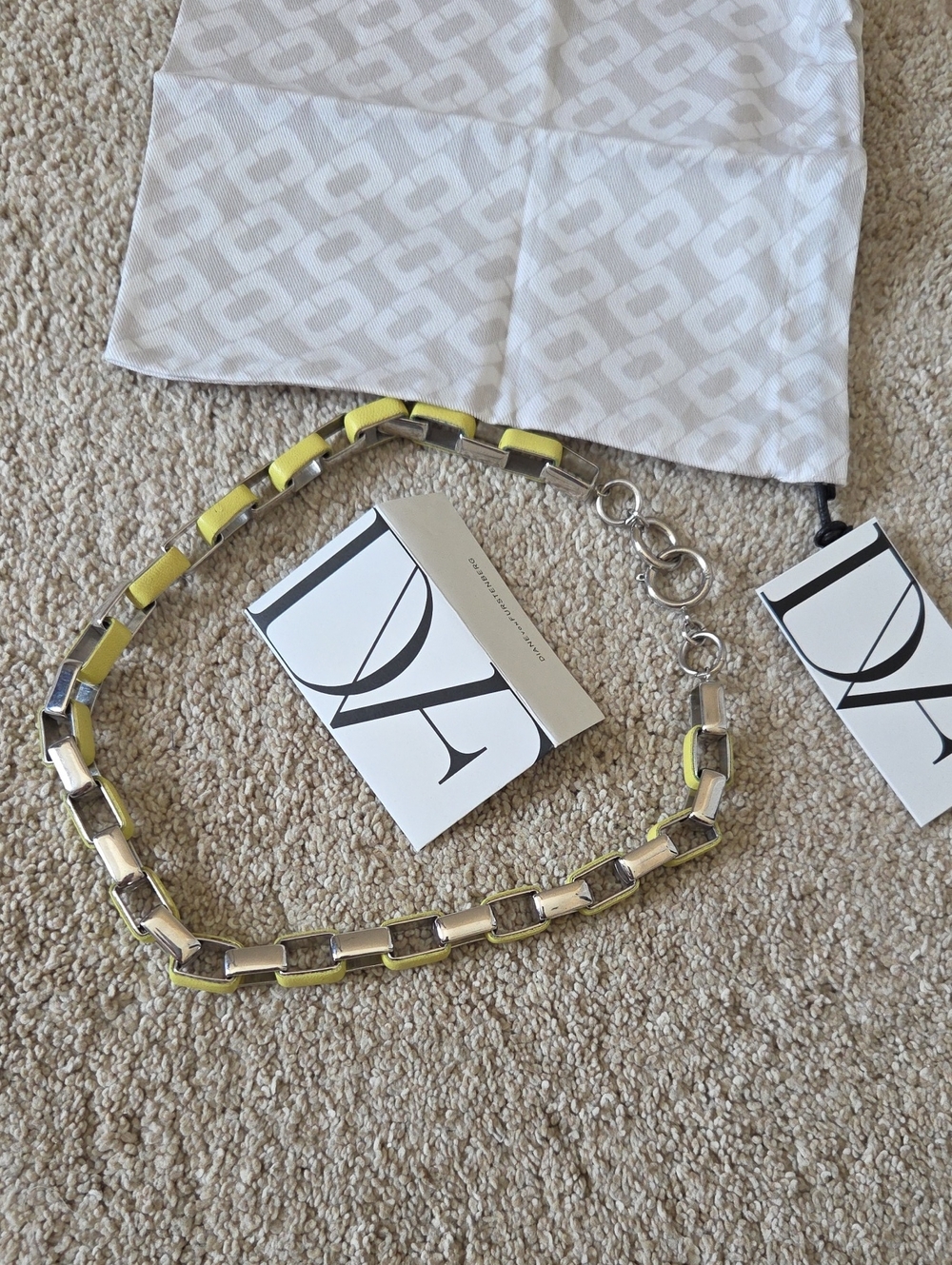 Diane Von Furstenberg Leather Neon Yellow and Silver Chain-Link Belt